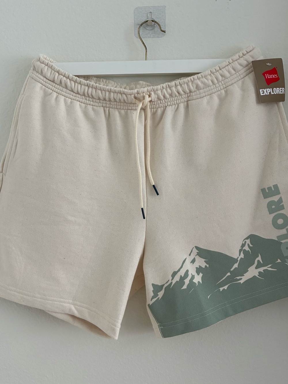 Hanes Explorer French Terry Shorts Size L Natural Sage Mountain Graphic NWT